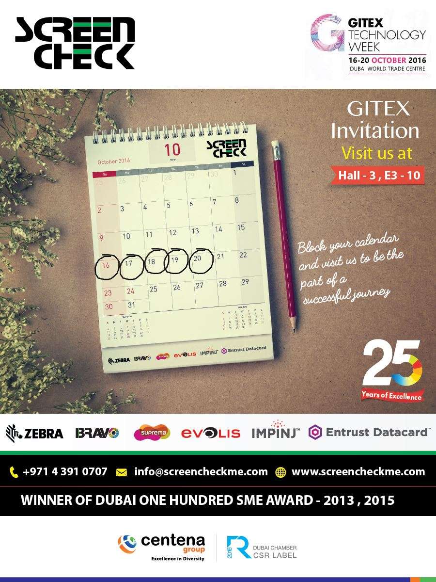 ScreenCheck Gitex 2016 exhibition invite showing event dates, Hall 3 booth info, and brand partners Zebra, Evolis, Suprema, Bravo