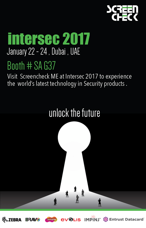 ScreenCheck ME Intersec 2017 Dubai security technology booth invitation with partner logos Zebra, Bravo, Evolis, Suprema, Impinj, Entrust Datacard