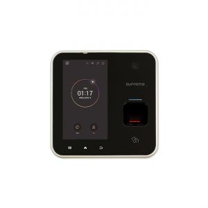 image of black Suprema BioStation A2 biometric terminal with a fingerprint reader and a touchscreen displaying the time.