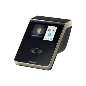 Image of black Suprema FaceStation 2 facial recognition terminal with a gold trim and a screen displaying the time.