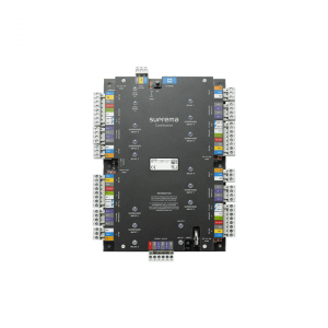Image of black Suprema CoreStation access control board with various ports and connectors.