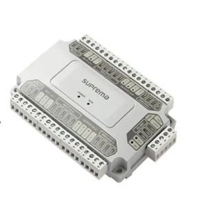 image of white Suprema DM-20 access control panel with various ports and connectors.