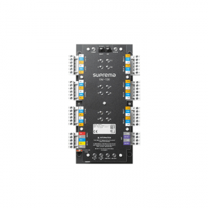 Image of black Suprema OM-120 access control panel with various ports and connectors.