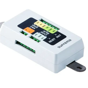Image of white Suprema I/O module with various ports and connectors.