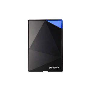 Image of black Suprema Xpass S2 access control reader with a blue light.