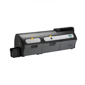 Zebra-ZXP-7-ID-Card-Printers-A close-up of a silver Zebra ZXP 7 ID card printer with a dual-sided printing capability. It has a clear LCD display and control panel for easy operation.