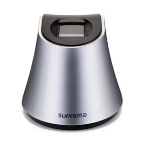 Suprema BioMini USB fingerprint scanner with silver base and biometric sensor, ideal for secure identity authentication in UAE