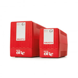SPS-ONE - A row of several Salicru SPS One Uninterruptible Power Supplies (UPS) in black mini-tower cases. The UPS units have a red power button and status lights on the front.