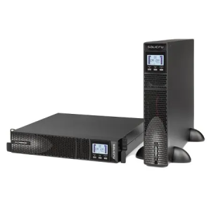 Salicru SLC TWIN RT UPS system with LCD screen, shown in tower and rack formats for power backup.
