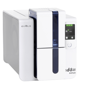 Evolis Edikio Duplex card printer with white compact design and color LCD panel, ideal for double-sided price tag printing in UAE