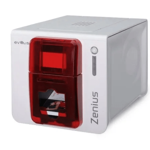 Evolis Zenius ID card printer with red front panel and compact desktop design for single-sided card printing.