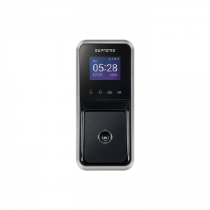 Image of black Suprema FaceLite facial recognition terminal with a keypad and a screen displaying the time.