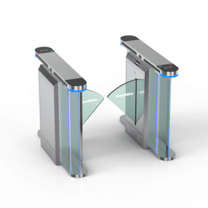 The Daosafe Flap Model DS-318 -A close-up of a silver metal waist-high turnstile with tempered glass side panels. The turnstile has a black control panel.