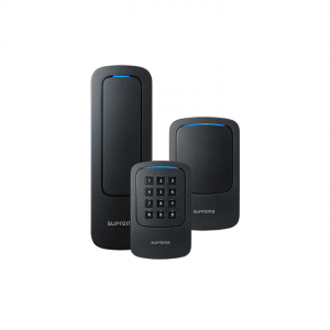 image of three black Suprema Xpass 2 access control readers with a keypad and a blue light.