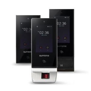 Image of three black Suprema X-Station 2 fingerprint readers with a red light and a keypad.