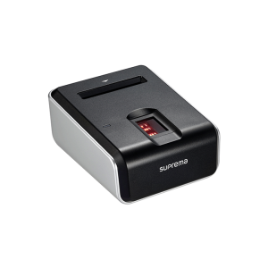 BioMini Combo 2 mobile fingerprint scanner with black and silver design, red LED and SAM slot.