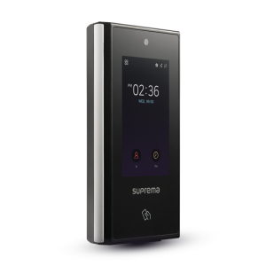 Image of Black airfob Suprema X-Station 2 biometric terminal with a touchscreen display.