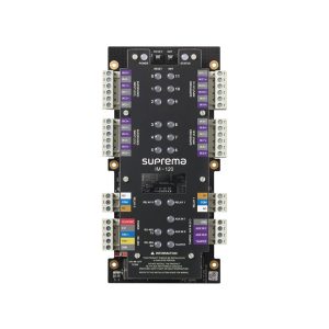 Image of black Suprema IM-120 access control panel with various ports and connectors.