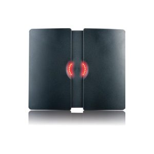 Image of Sleek Nedap Transit Ultimate RFID reader with a black panel and glowing red LED indicators