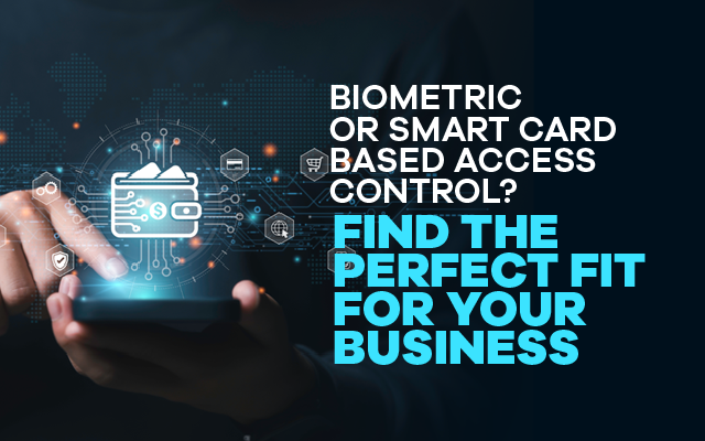 A person using a smartphone with digital icons representing biometric and smart card-based access control systems.
