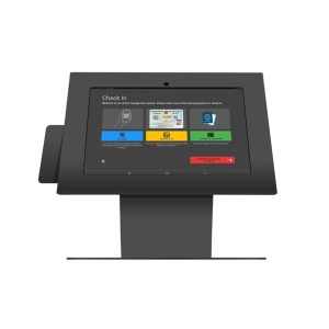 MK-05 touchscreen visitor management kiosk with camera, ID scan slot, and multi-option check-in interface.