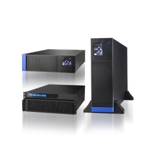 Rack-mount and tower UPS systems with LCD displays for power backup and voltage regulation in IT and industrial environments.
