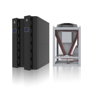 SmoothAir rear door heat exchanger with vertical cooling units and coil-based external condenser for data center thermal management in UAE