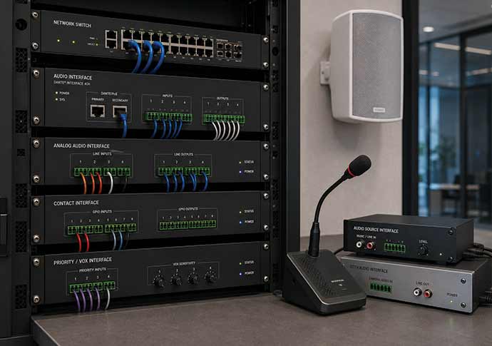 Audio interfaces and supporting devices in UAE for network public address systems
