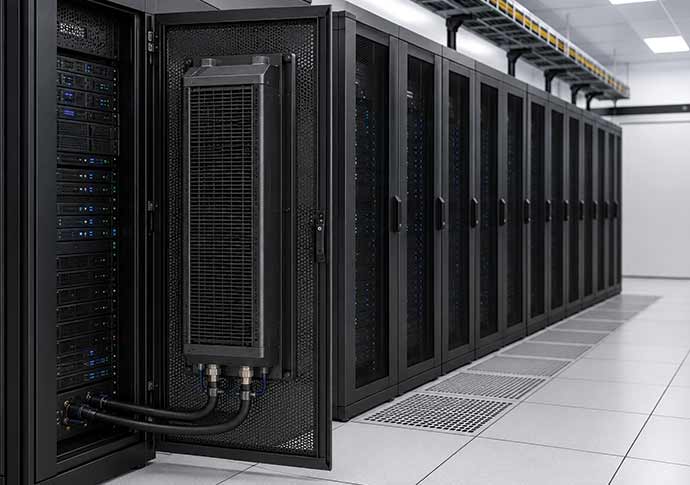 Rear-door heat exchanger fitted to a server rack in a UAE data centre
