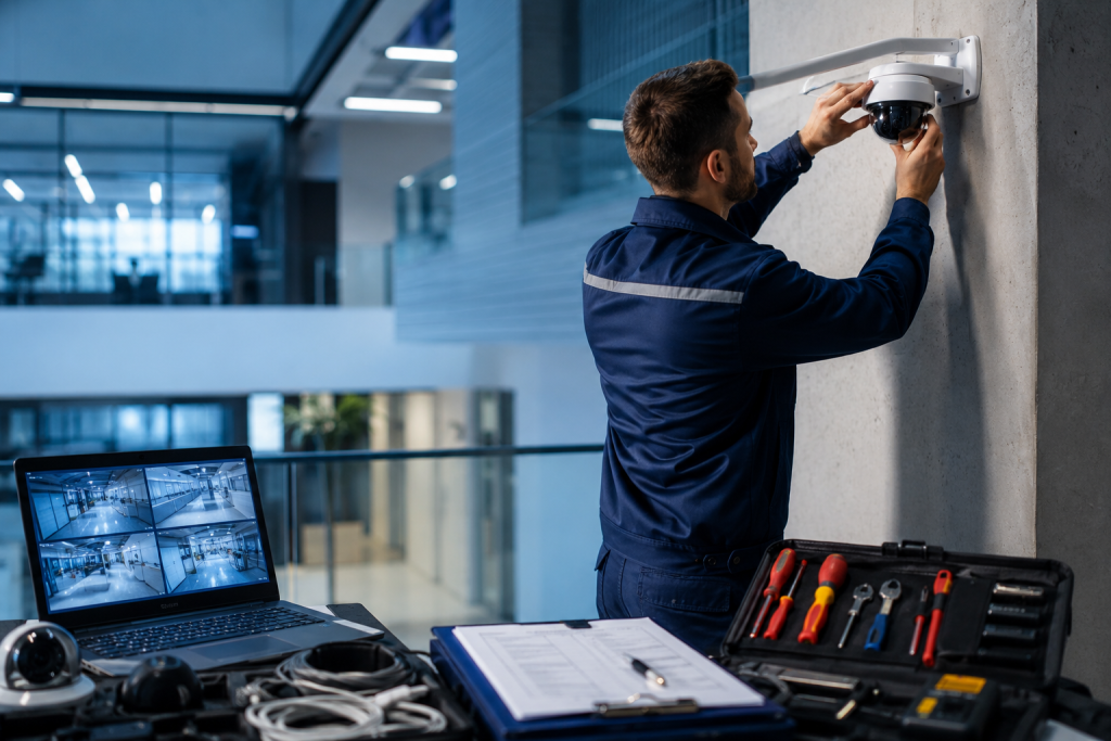 Technician performing CCTV camera maintenance in Dubai and the UAE
