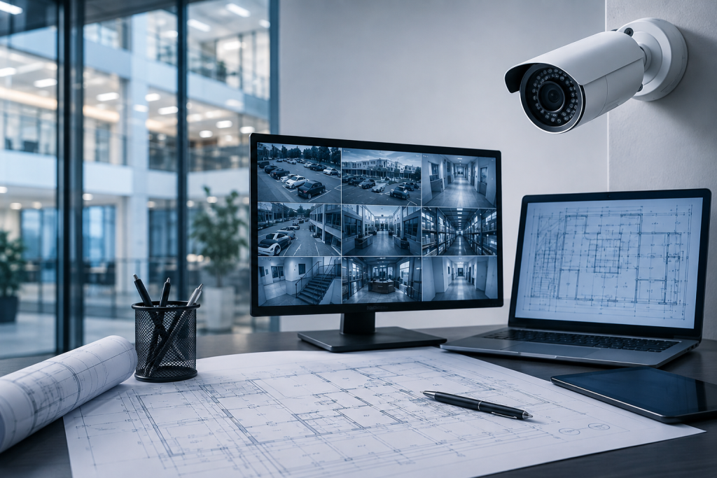 CCTV surveillance planning with security camera, monitoring screen and site blueprints in the UAE